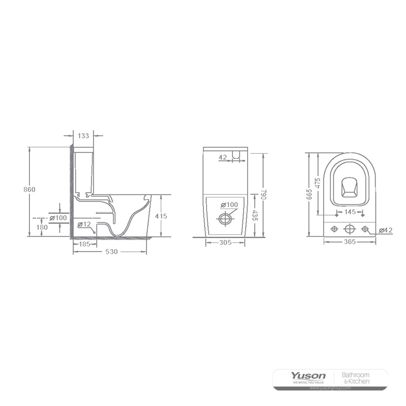 YS22268P 2-delig keramisch toilet zonder spoelrand, diepspoeltoilet met P-trap;